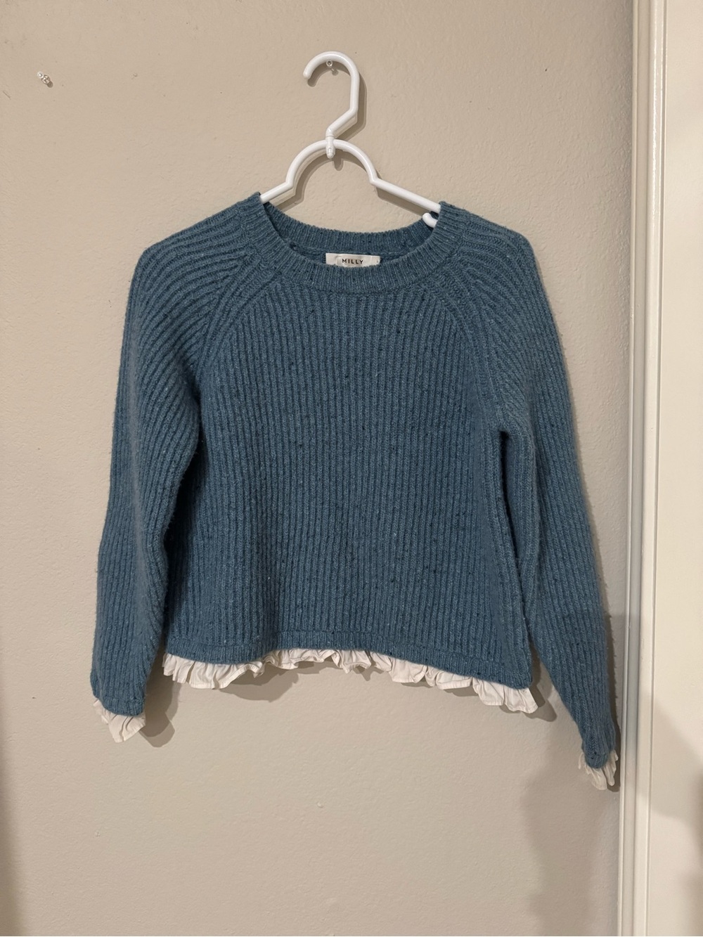 Milly Dusty Blue Ribbed Crewneck Sweater with White Ruffle Trim